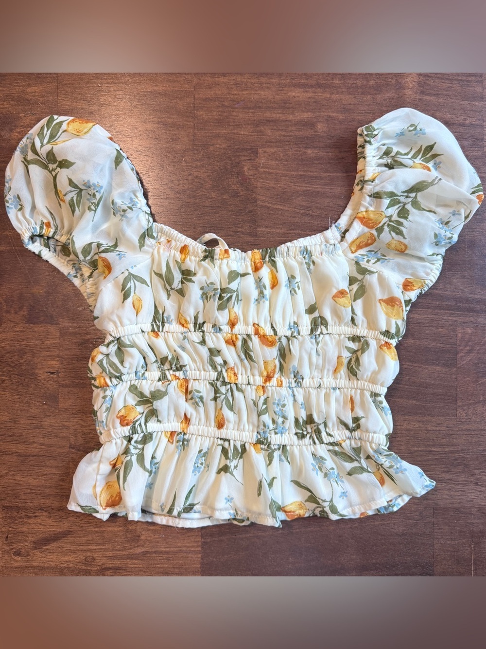 Joya XS Lemon Floral Puff Sleeve Smocked Peplum Top Tie Front Cottagecore - Picture 2 of 4
